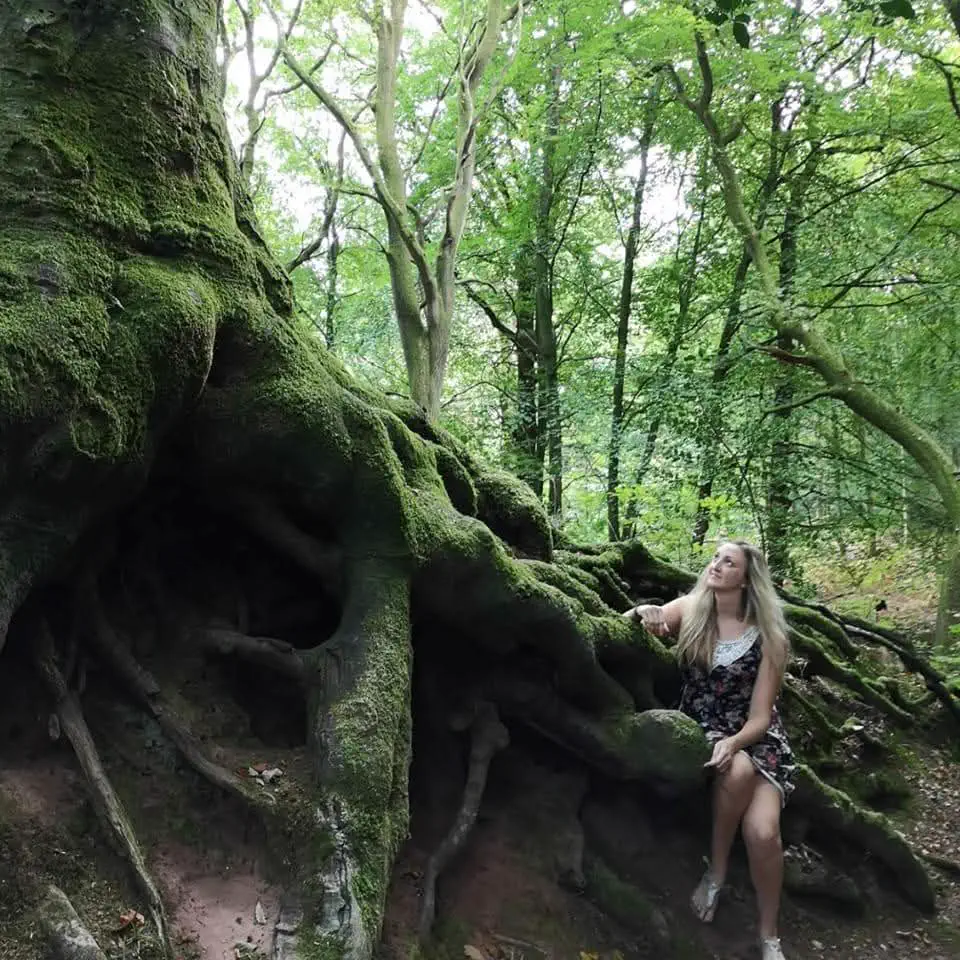 Samantha resting beside mossy tree roots in a quiet woodland